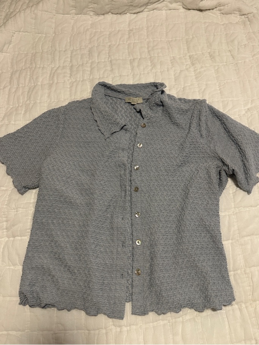 Chenault Pale Blue Textured Short Sleeve Button Front Top